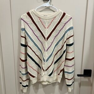 Marine Layer Cream Open-Knit Sweater with Multi-Color Chevron Stripes